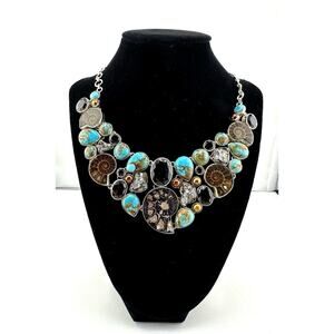 Sterling Silver Ammonite Smoky Quartz Turquoise Pearl Pyrite Statement Necklace